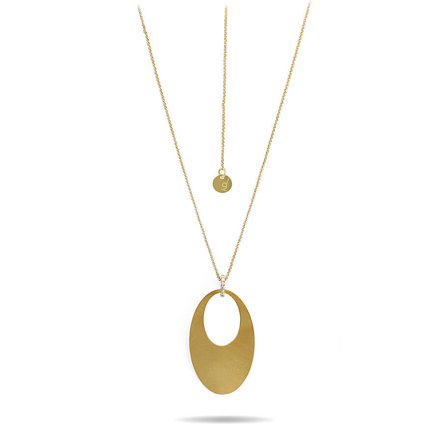 Collana Retrò con elemento pendente ovale satinato a mano unito alla catena da un elemento di cubic zirconia bianchi-0